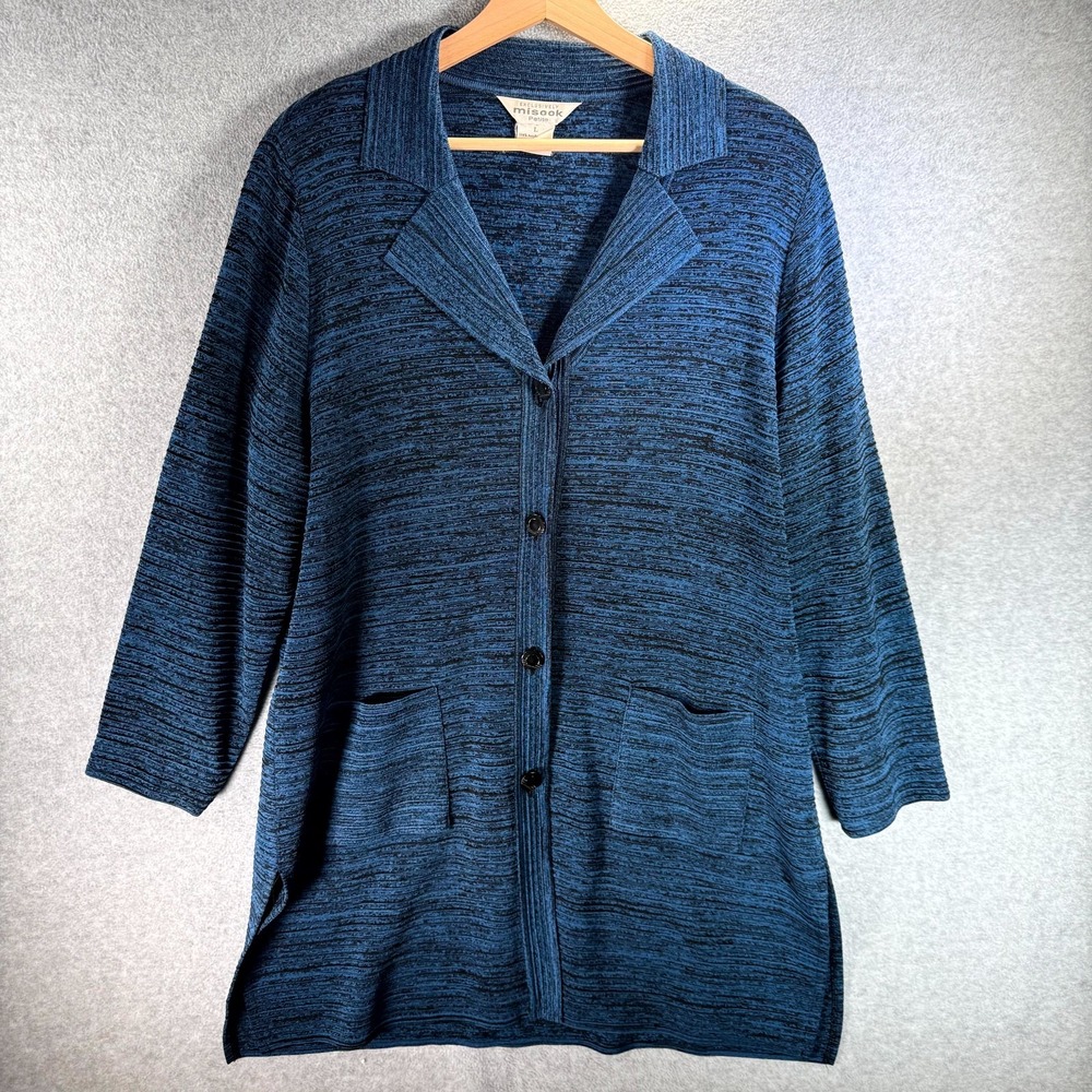 Misook Exclusively Long Cardigan Womens‎ Large Petite Blue Marled Button Front